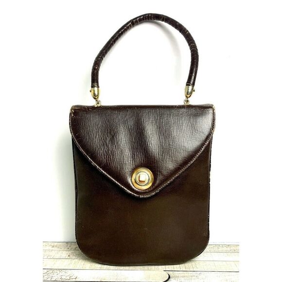 VINTAGE BROWN GENUINE LEATHER TURN LOCK FLAP TOP HANDLE HANDBAG PURSE - Picture 1 of 9